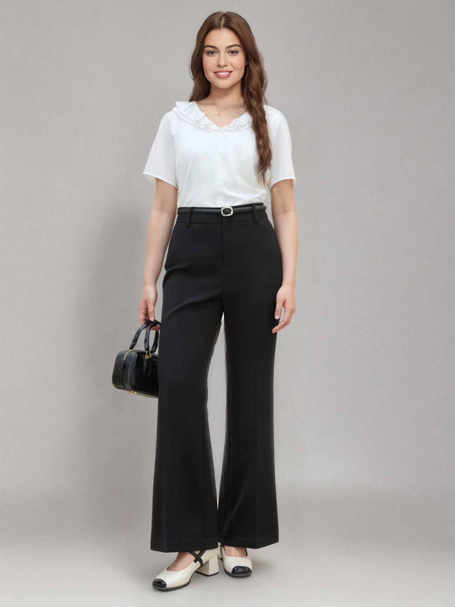 DUSHU Office Lady Black Boot Cut Pant 2025 Summer New High Waist Commuter Women Polyester Casual Trousers 25DS82089