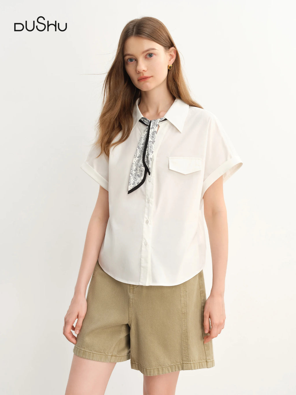 DUSHU Design Sense Ribbon Short-sleeved Shirt 2025 Summer New Ultra-thin Temperament Top 25DS82914