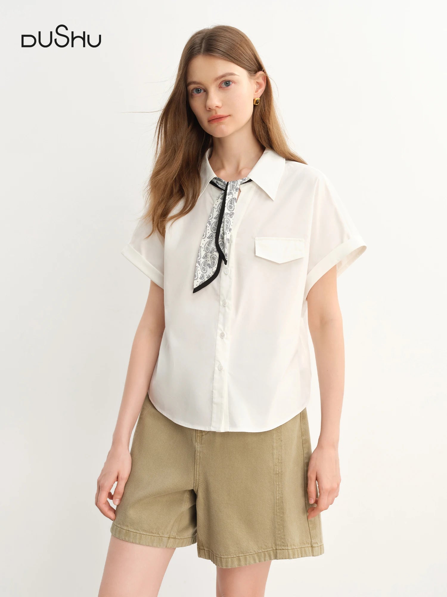 DUSHU Design Sense Ribbon Short-sleeved Shirt 2025 Summer New Ultra-thin Temperament Top 25DS82914
