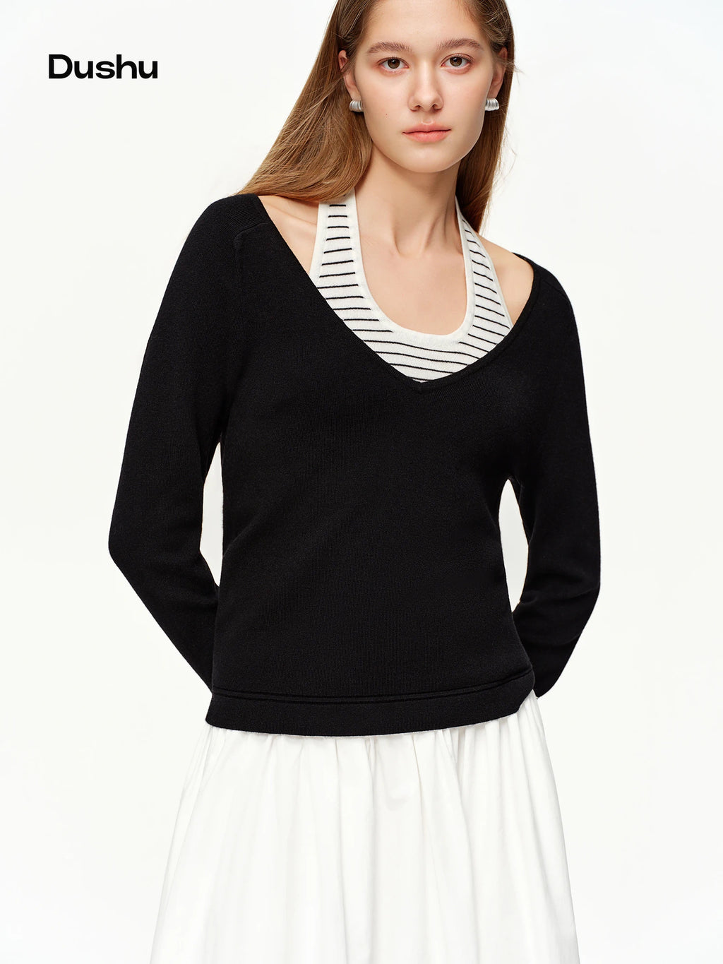 DUSHU 2026 Spring Plus Size Women's Halter Neck Vest & V Neck Knit Two Piece Set, Y2K Cropped Top Long Sleeve Coquette Outfit
